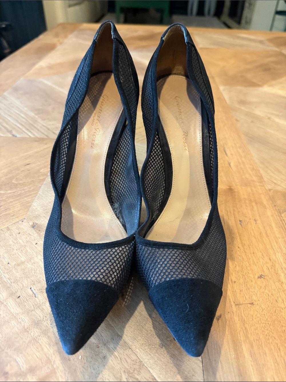 Gianvito Rossi Black Mesh and Suede Pointed-Toe Pumps